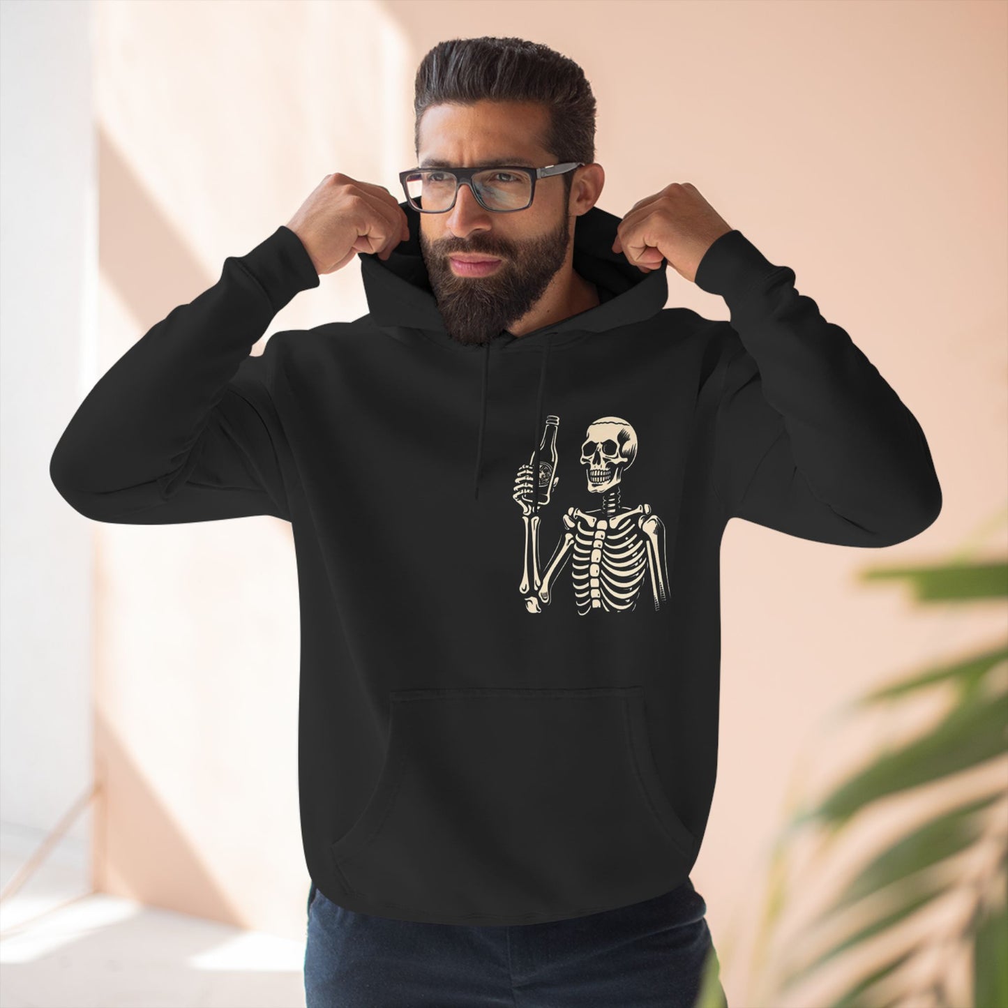 Skeleton Cheers Fleece Hoodie I'm Here for a Good Time, Not a Long Time, Happy Life Quotes, Unisex Cotton Sweatshirt, Three-Panel Fleece Hoodie, Funny Winter Apparel