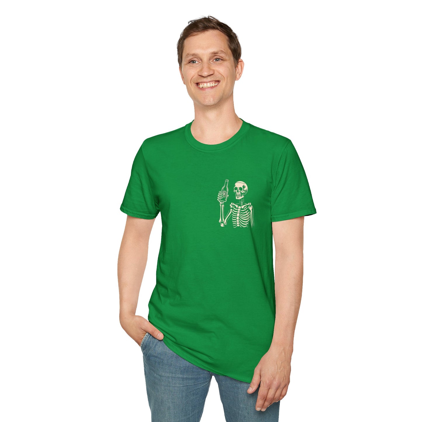 Skeleton Cheers - I'm Here for a Good Time, Not a Long Time Lifestyle Quote Unisex Softstyle T-Shirt