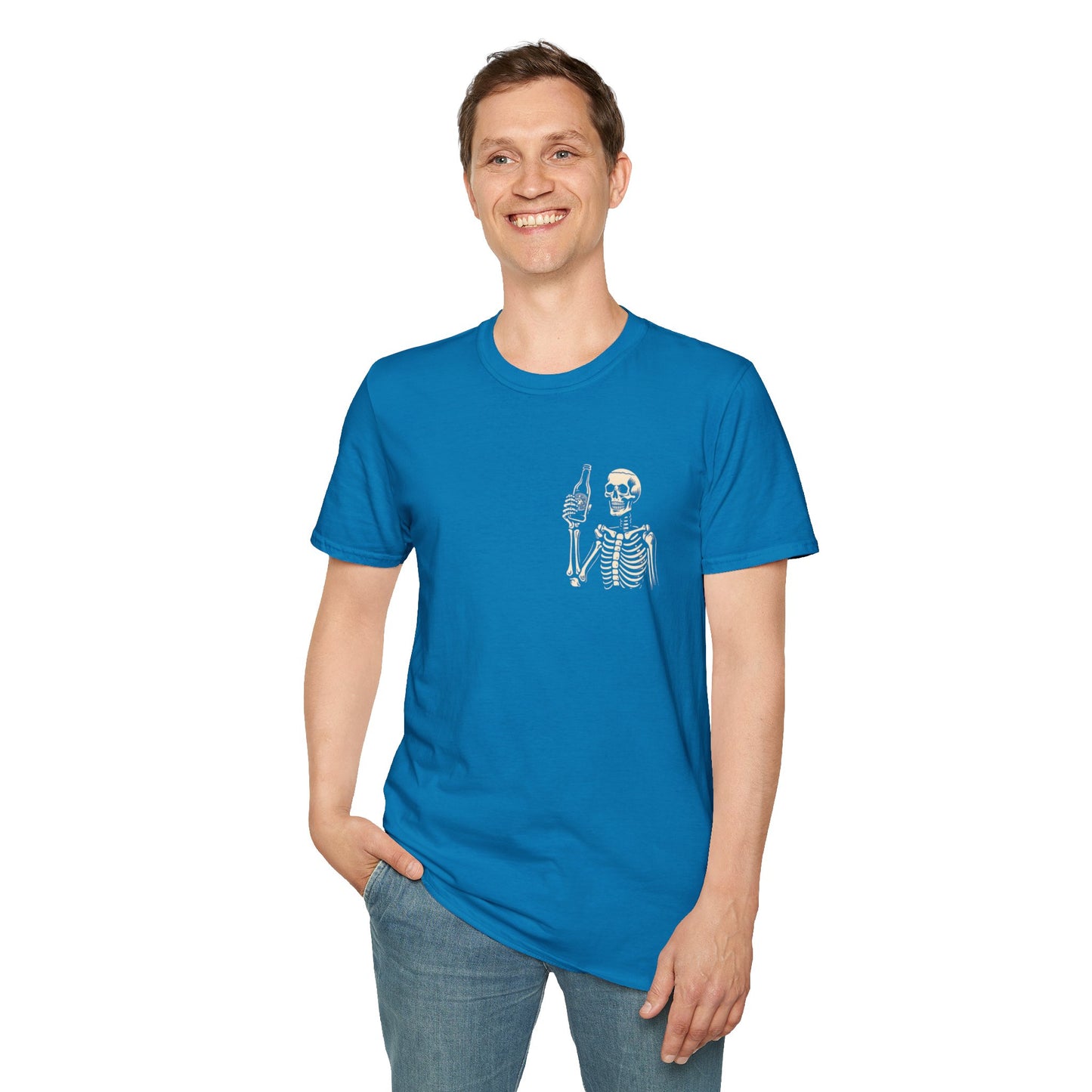 Skeleton Cheers - I'm Here for a Good Time, Not a Long Time Lifestyle Quote Unisex Softstyle T-Shirt