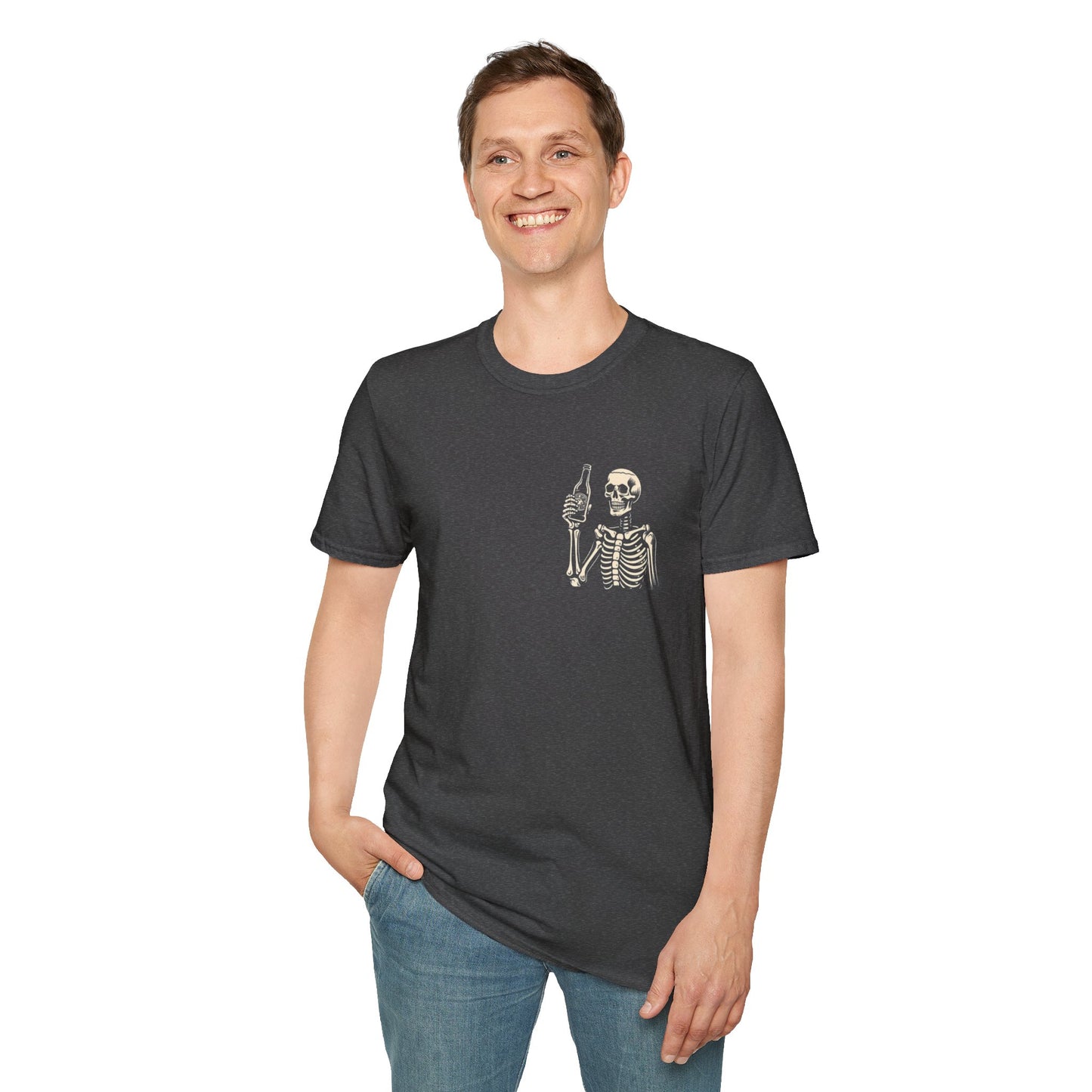 Skeleton Cheers - I'm Here for a Good Time, Not a Long Time Lifestyle Quote Unisex Softstyle T-Shirt