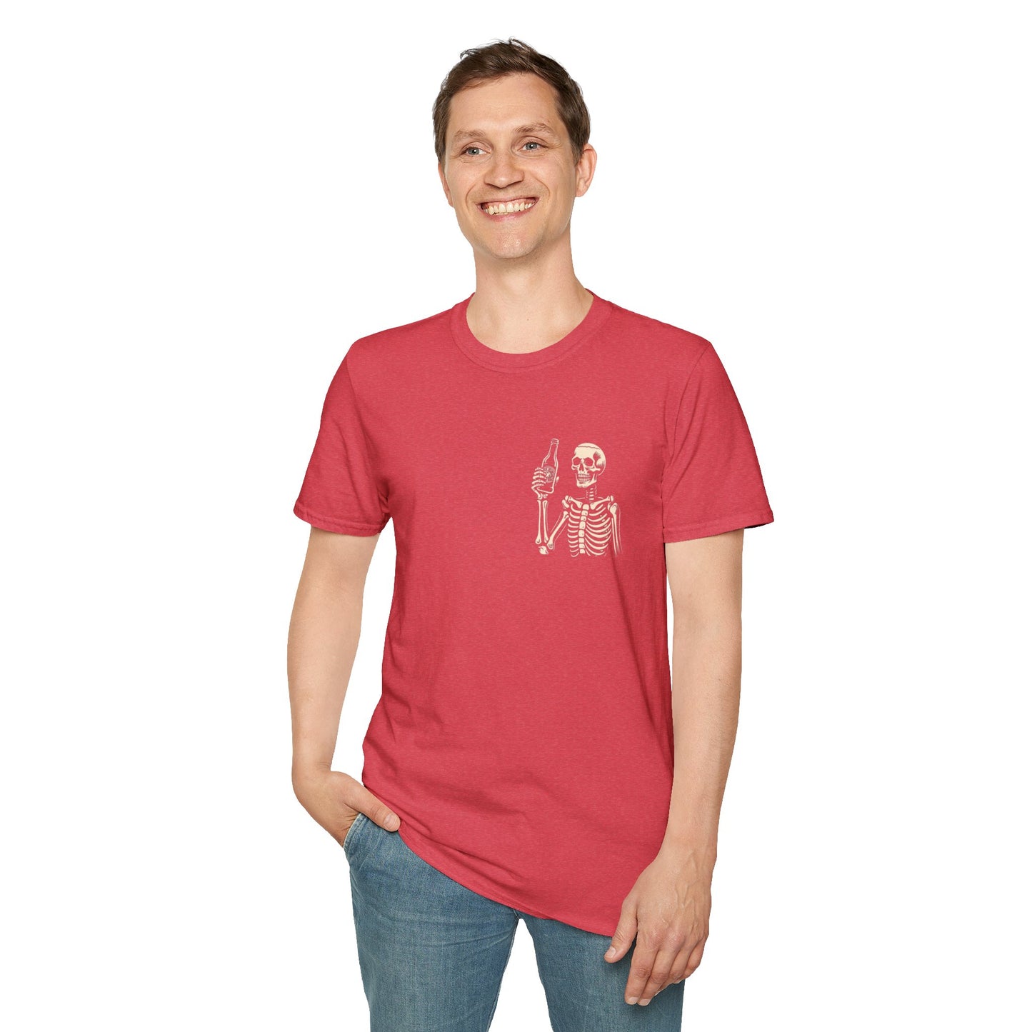 Skeleton Cheers - I'm Here for a Good Time, Not a Long Time Lifestyle Quote Unisex Softstyle T-Shirt