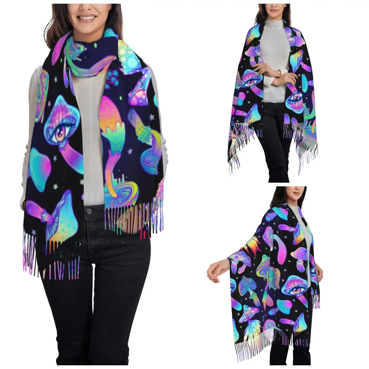 Trippy Mushroom Psychedelic Shawls Wraps for Womens Winter Warm Long Soft Scarf Shrooms Pashmina Tassel Scarves