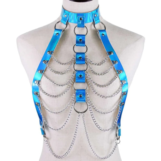 Holographic Leather Body Chain Harness Top Punk Women Holo Rainbow Waist Jewelry Festival Rave Outfit