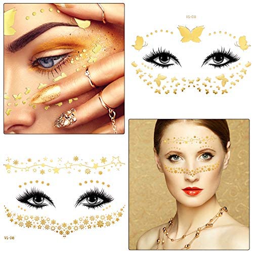 🌟Goddess Rave Face Tattoos: 20 Sheets of Glitter & Metallic Designs – Gold Temporary Transfer Stickers for Ultimate Festival & Party Looks