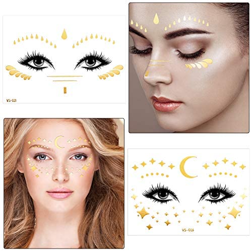 🌟Goddess Rave Face Tattoos: 20 Sheets of Glitter & Metallic Designs – Gold Temporary Transfer Stickers for Ultimate Festival & Party Looks