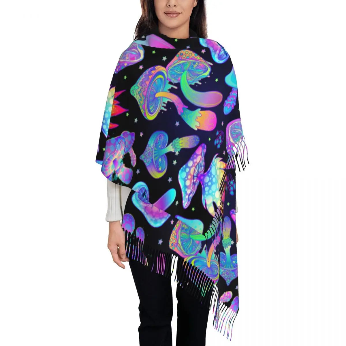 Trippy Mushroom Psychedelic Shawls Wraps for Womens Winter Warm Long Soft Scarf Shrooms Pashmina Tassel Scarves