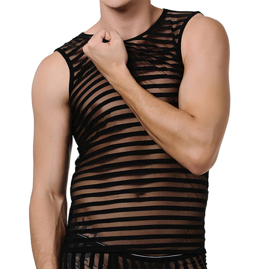 Sexy Tank Top Men Transparent Undershirt Summer Sleeveless Tops Mesh Gym Shirt Black Stripe Vest Fitness Bodybuilding Clothes
