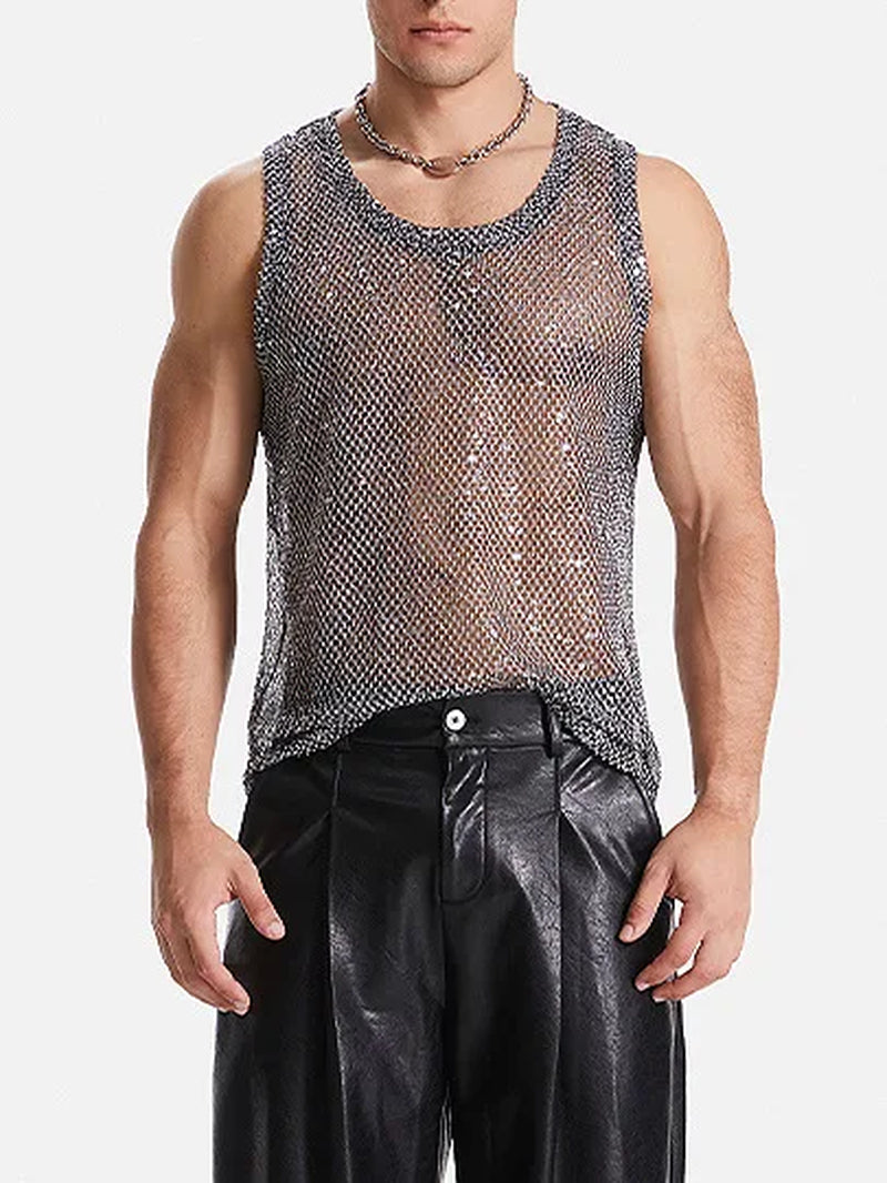 Mens Mesh Tank Top Glitter Sheer See through Black Fishnet Top Sexy Tops to Show Muscle Shirt Sparkly Party Clubwear Costume