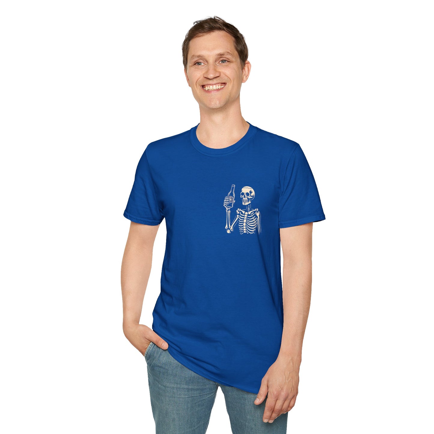 Skeleton Cheers - I'm Here for a Good Time, Not a Long Time Lifestyle Quote Unisex Softstyle T-Shirt