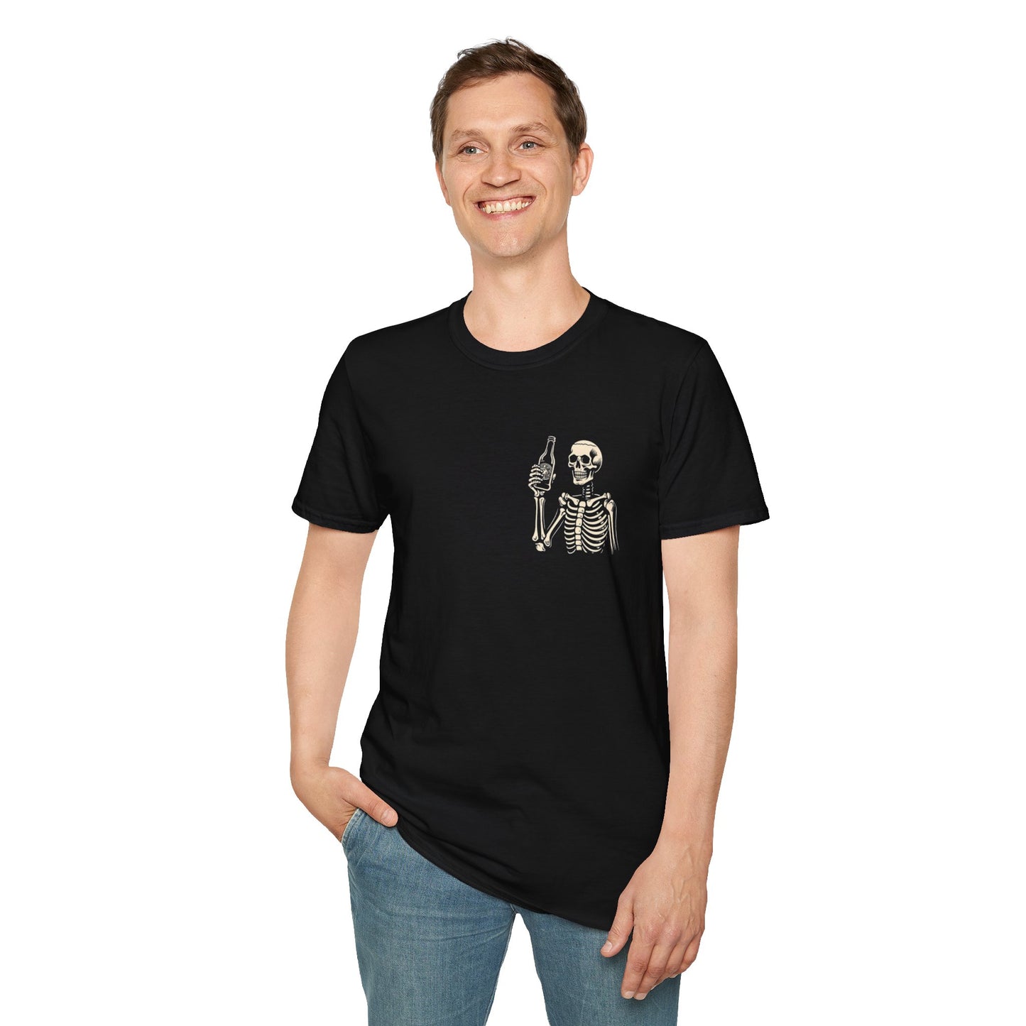 Skeleton Cheers - I'm Here for a Good Time, Not a Long Time Lifestyle Quote Unisex Softstyle T-Shirt