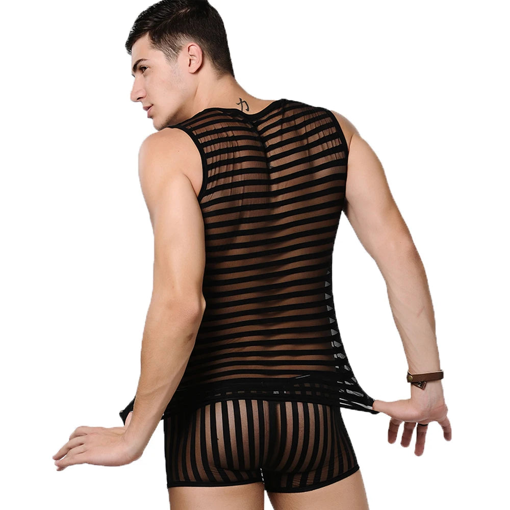 Sexy Tank Top Men Transparent Undershirt Summer Sleeveless Tops Mesh Gym Shirt Black Stripe Vest Fitness Bodybuilding Clothes