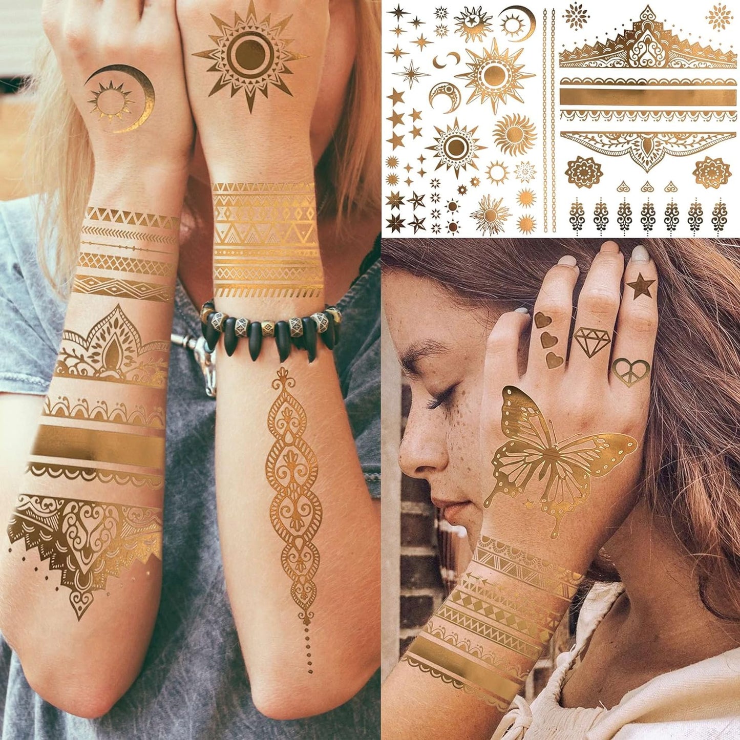 ✨Goddess Gold Tattoos: 9 Sheets with 110+ Designs – Golden Lions, Sun, Moon, Stars & More! Long-Lasting Metallic Glitter Tattoos for Women & Girls