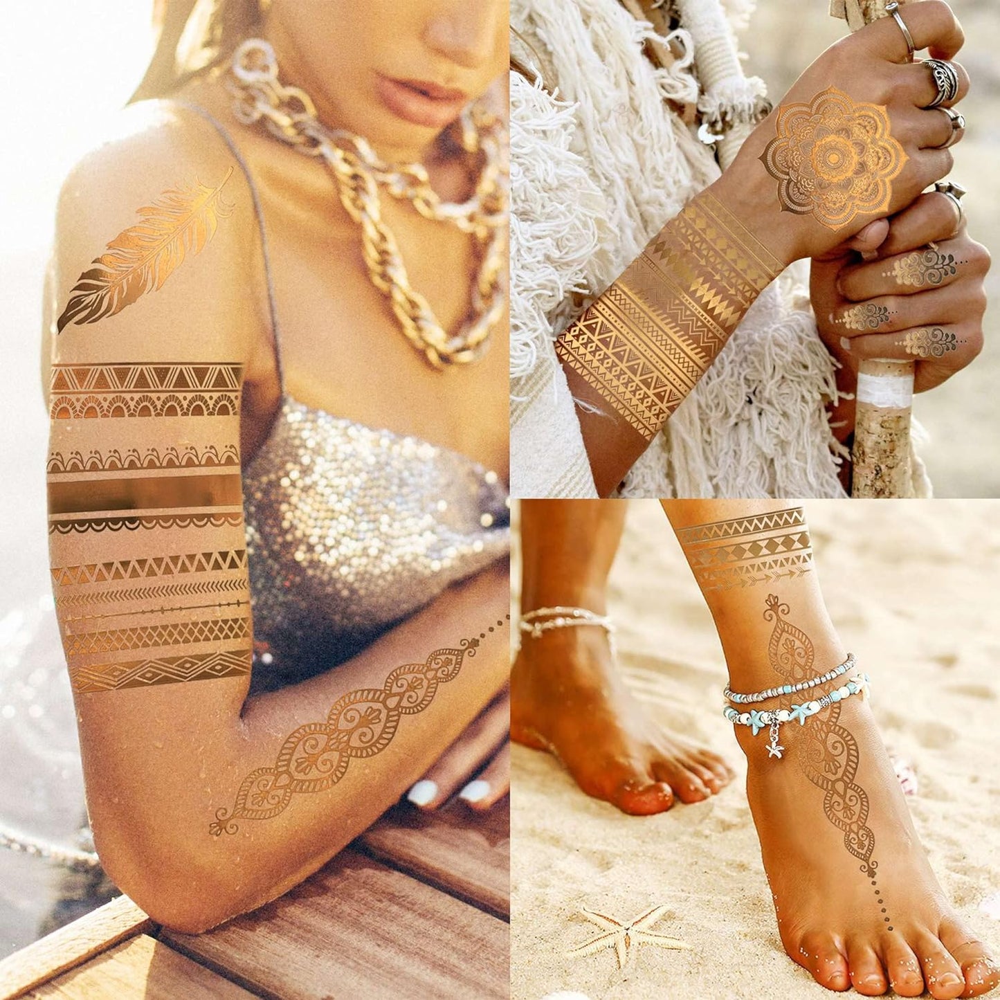 ✨Goddess Gold Tattoos: 9 Sheets with 110+ Designs – Golden Lions, Sun, Moon, Stars & More! Long-Lasting Metallic Glitter Tattoos for Women & Girls