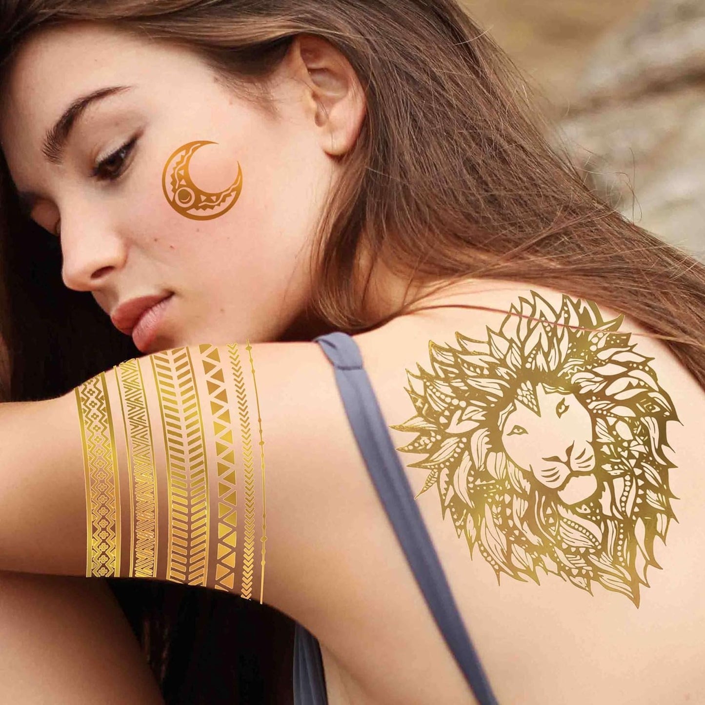 ✨Goddess Gold Tattoos: 9 Sheets with 110+ Designs – Golden Lions, Sun, Moon, Stars & More! Long-Lasting Metallic Glitter Tattoos for Women & Girls