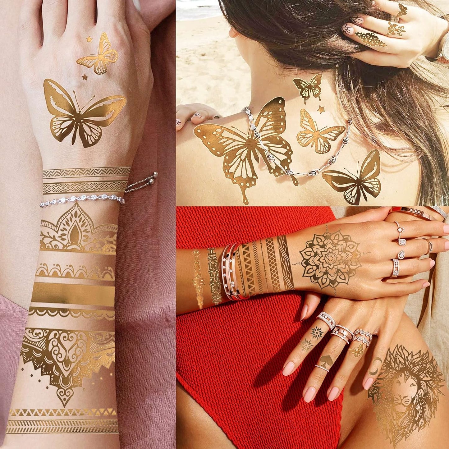 ✨Goddess Gold Tattoos: 9 Sheets with 110+ Designs – Golden Lions, Sun, Moon, Stars & More! Long-Lasting Metallic Glitter Tattoos for Women & Girls