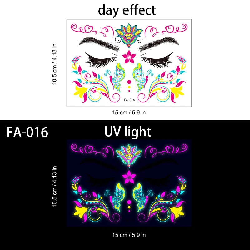 Fluorescent Temporary Face Tattoo Waterproof Sticker for Halloween and Music Events