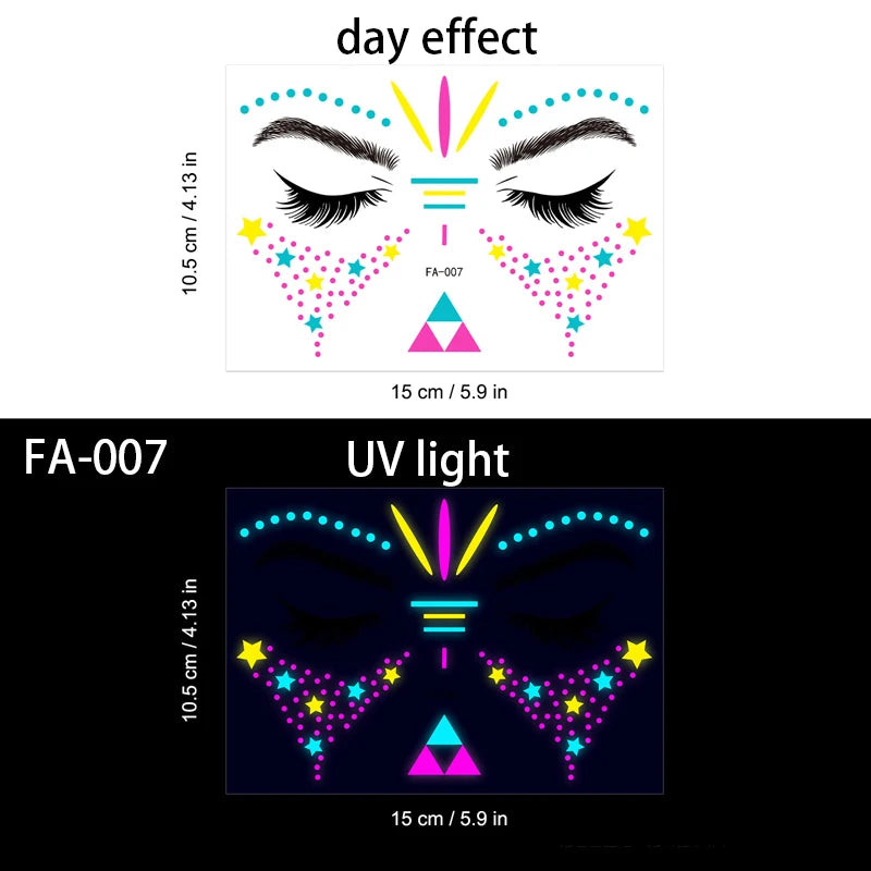 Fluorescent Temporary Face Tattoo Waterproof Sticker for Halloween and Music Events