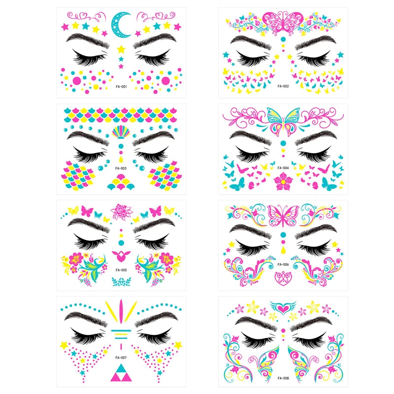 Fluorescent Temporary Face Tattoo Waterproof Sticker for Halloween and Music Events