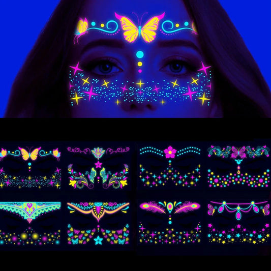 Fluorescent Temporary Face Tattoo Waterproof Sticker for Halloween and Music Events