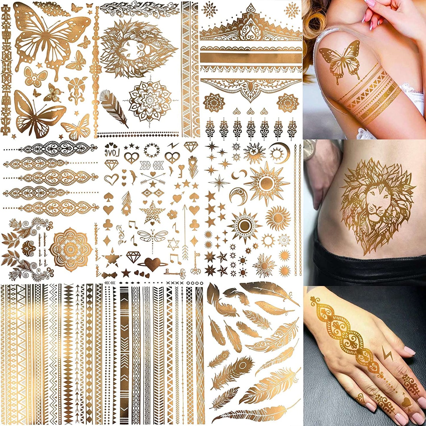 ✨Goddess Gold Tattoos: 9 Sheets with 110+ Designs – Golden Lions, Sun, Moon, Stars & More! Long-Lasting Metallic Glitter Tattoos for Women & Girls